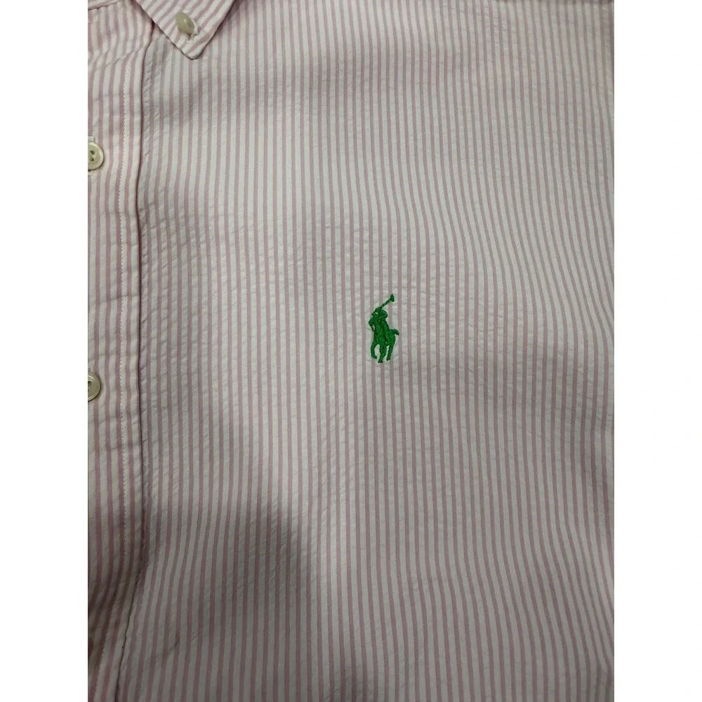 Polo Ralph Lauren Mens XXL Pink White Striped Seersucker Short Sleeve Shirt Logo